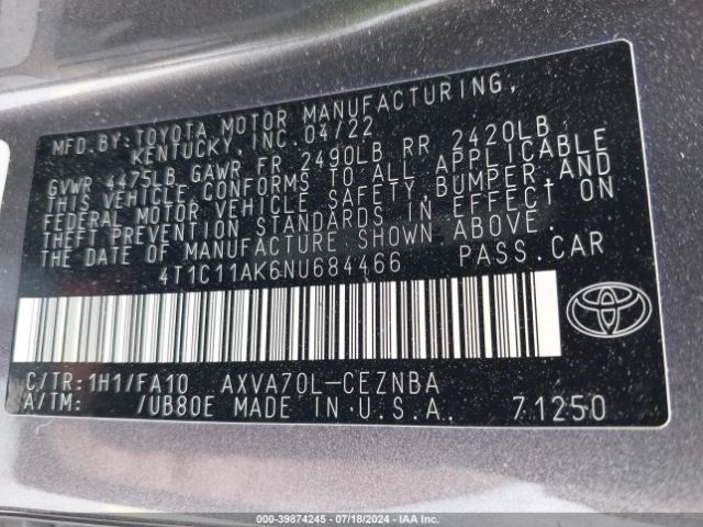 4T1C11AK6NU684466 Toyota CAMRY LE