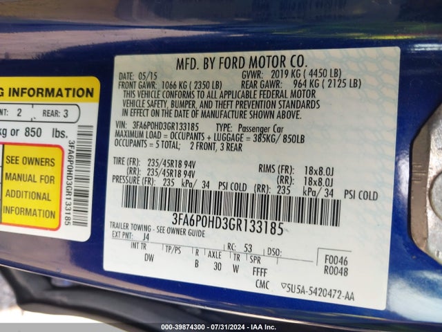 Ford FUSION SE 2016 3FA6P0HD3GR133185 Image 9