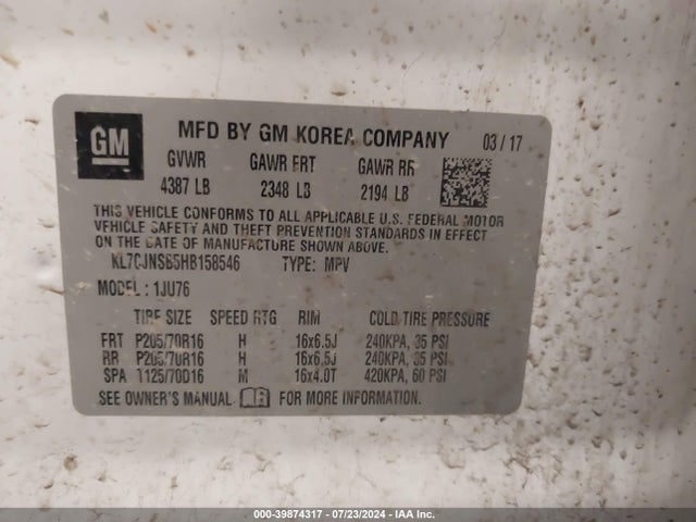 Aukcja sprzedaży 2017 Chevrolet Trax Ls, vin: KL7CJNSB5HB158546, numer aukcji: 39874317