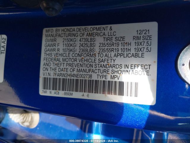 7FARW2H94NE002738 Honda Cr-v Awd Touring
