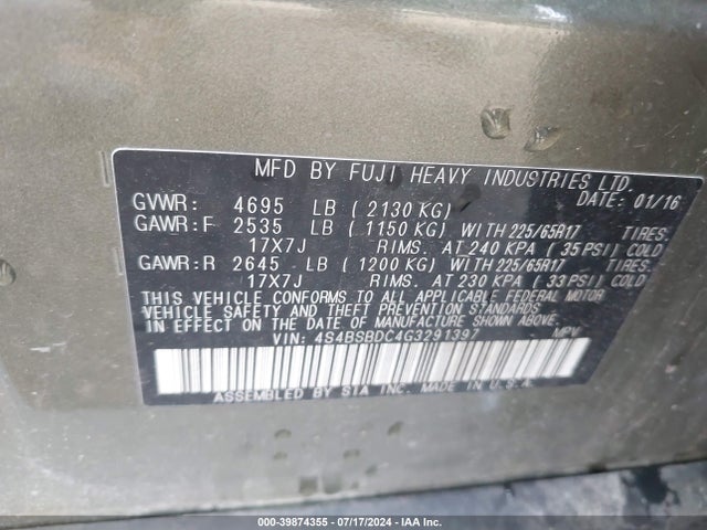 Subaru Outback 2.5i Premium 2016 4S4BSBDC4G3291397 Image 9