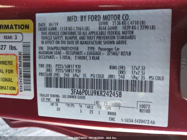 Ford Fusion Hybrid Se 2019 3FA6P0LU9KR242458 Image 9
