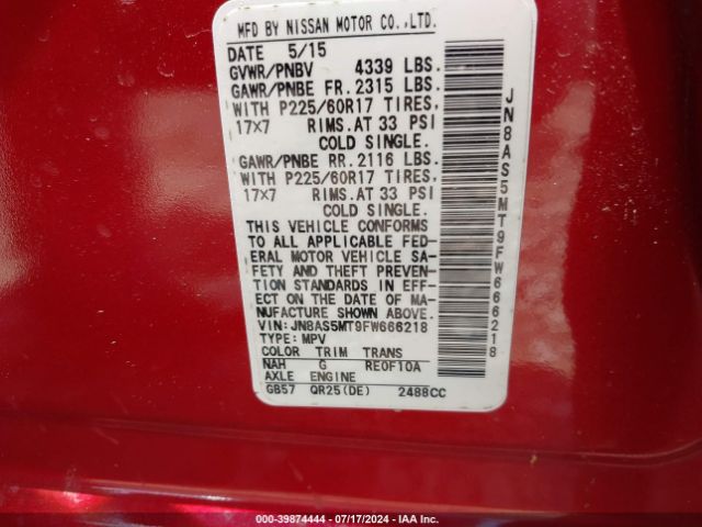 JN8AS5MT9FW666218 Nissan Rogue Select S