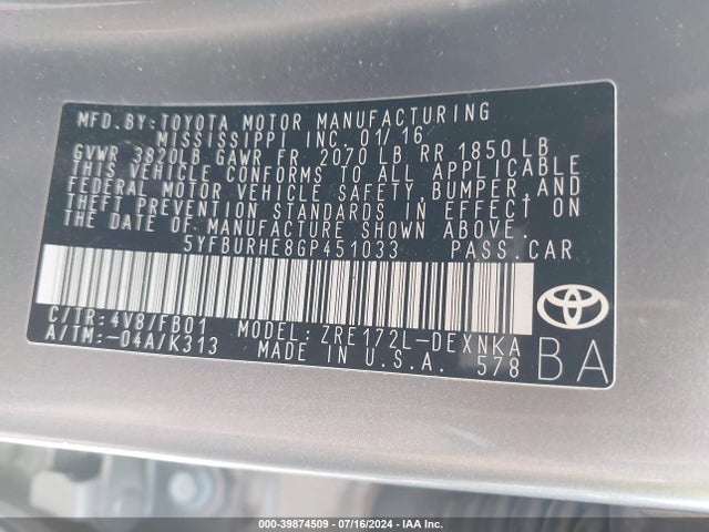 Toyota COROLLA LE 2016 5YFBURHE8GP451033 Image 9