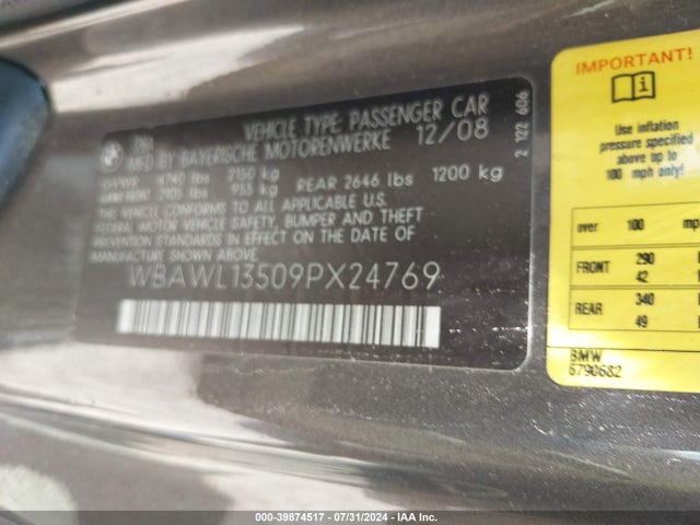 39874517 :رقم المزاد ، WBAWL13509PX24769 vin ، 2009 Bmw 328i مزاد بيع