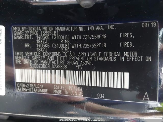 5TDDZ3DC2LS239838 Toyota SIENNA XLE