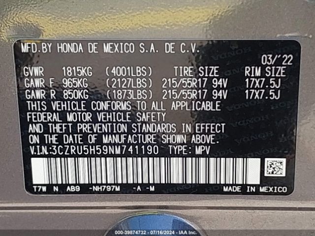 3CZRU5H59NM741190 Honda Hr-v 2wd Ex