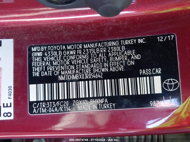 39874748 :رقم المزاد ، NMTKHMBX0JR054642 vin ، 2018 Toyota C-hr Xle مزاد بيع