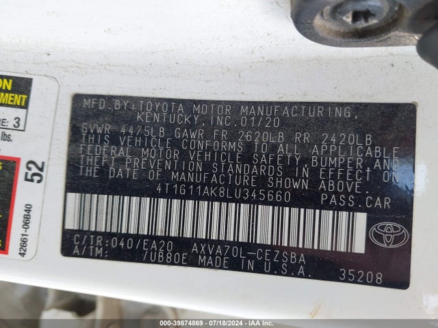 Toyota CAMRY SE 2020 4T1G11AK8LU345660 Image 9