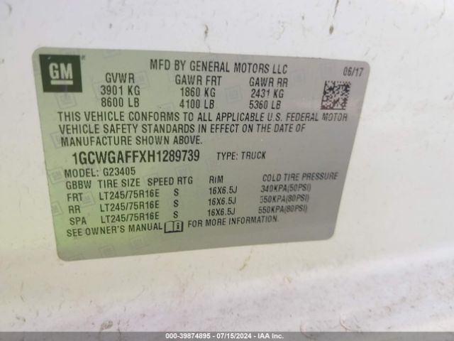 1GCWGAFFXH1289739 Chevrolet Express 2500 Work Van
