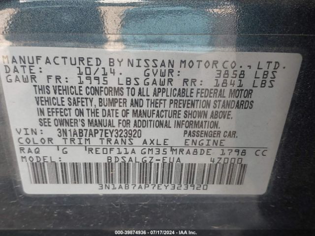 3N1AB7AP7EY323920 Nissan SENTRA SL