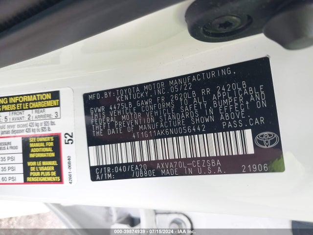 Toyota CAMRY SE 2022 4T1G11AK6NU056442 Image 9