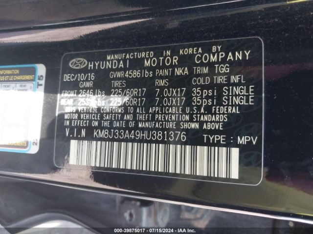 KM8J33A49HU381376 Hyundai TUCSON SE