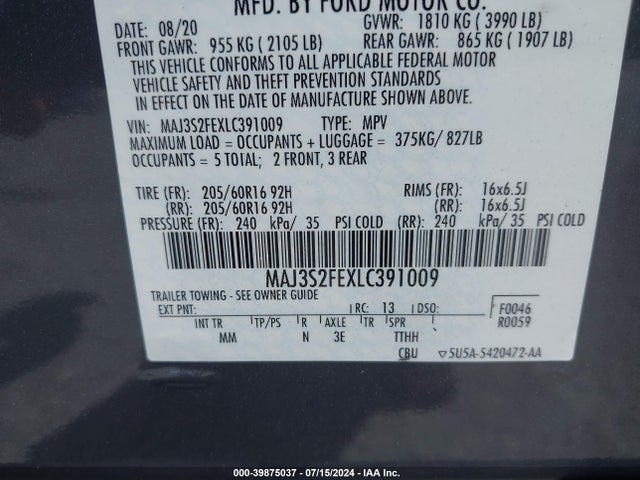 MAJ3S2FEXLC391009 Ford ECOSPORT S