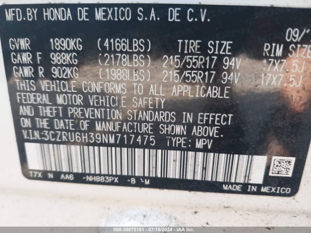 3CZRU6H39NM717475 Honda Hr-v Awd Lx