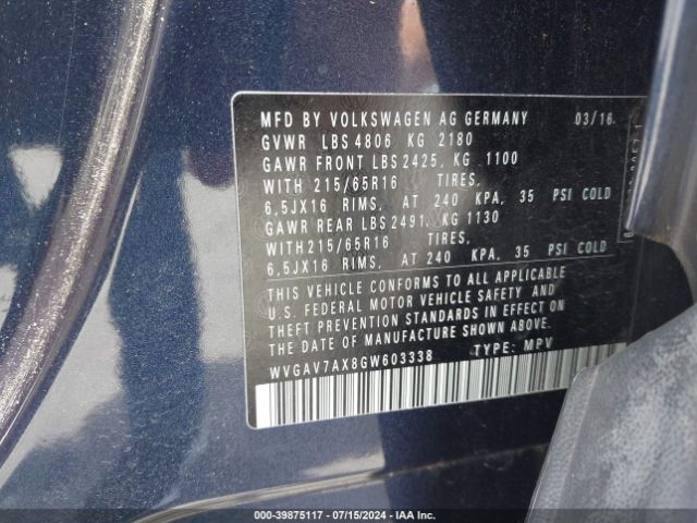 WVGAV7AX8GW603338 Volkswagen TIGUAN S