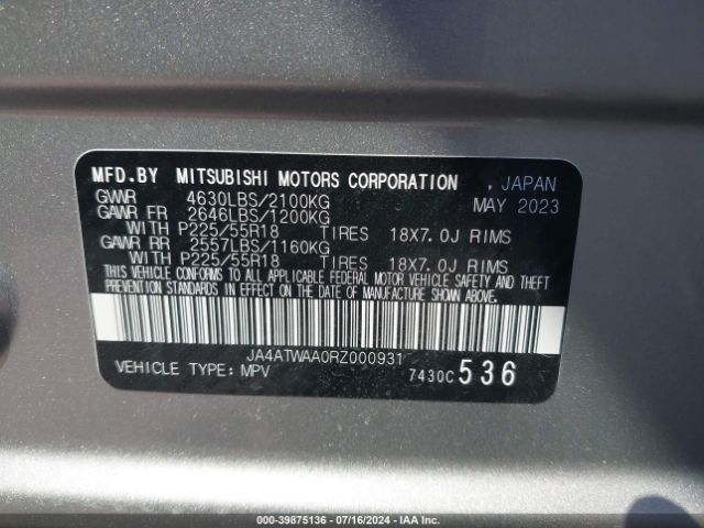 JA4ATWAA0RZ000931 Mitsubishi Eclipse Cross Se S-awc/sel S-awc