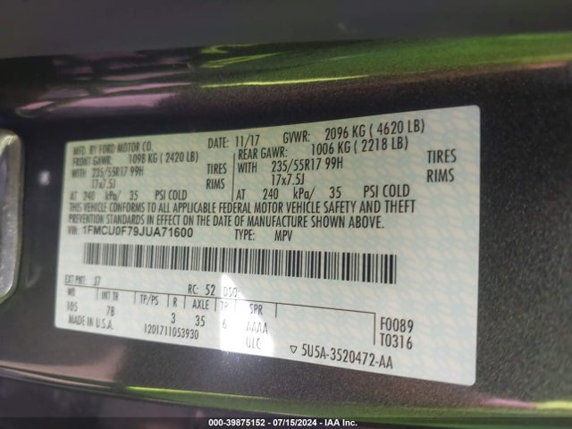 Ford ESCAPE S 2018 1FMCU0F79JUA71600 Image 9