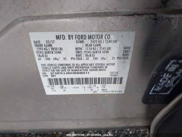 Ford EDGE SEL 2017 2FMPK3J80HBB86613 Image 9