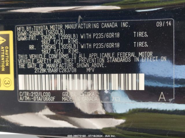 2T2BK1BA8FC283708 Lexus RX 350