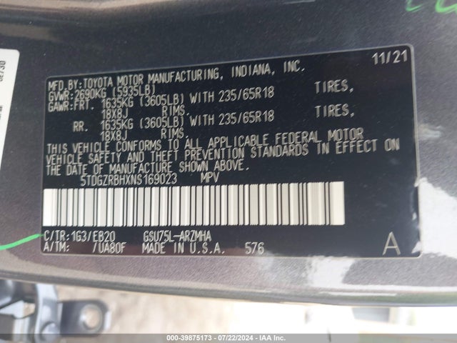 Toyota Highlander Xle 2022 5TDGZRBHXNS169023 Image 9