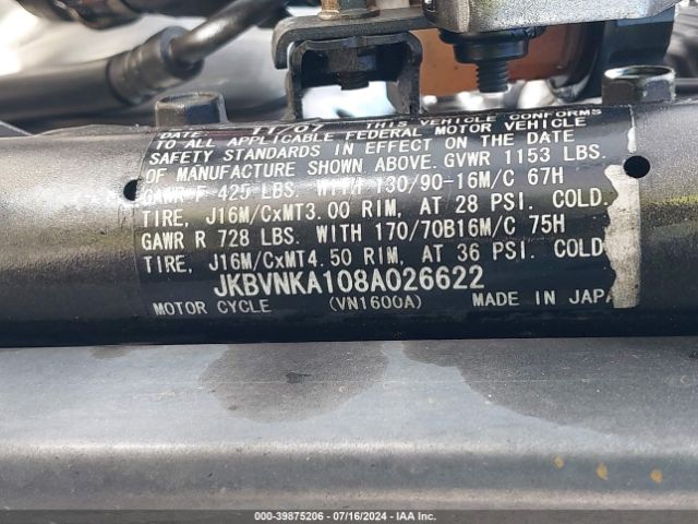 2008 KAWASAKI VN1600 JKBVNKA108A026622 Photo 8