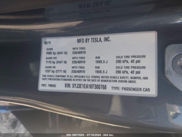 2019 TESLA MODEL 3 5YJ3E1EA1KF300768 Photo 8