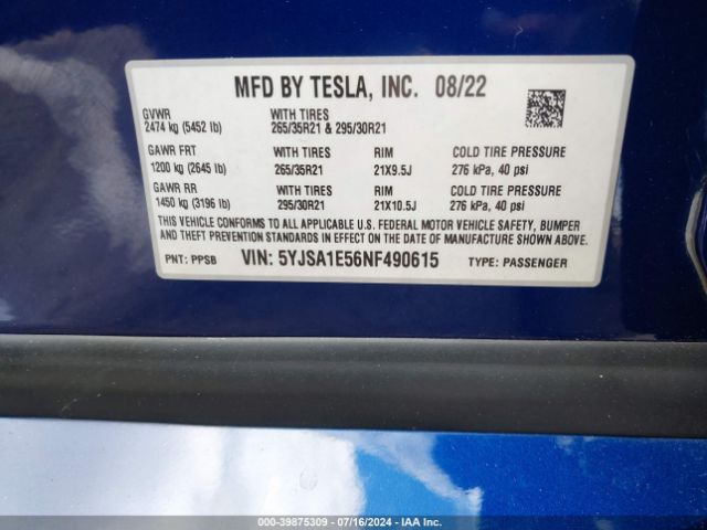 5YJSA1E56NF490615 Tesla Model S Dual Motor All-wheel Drive