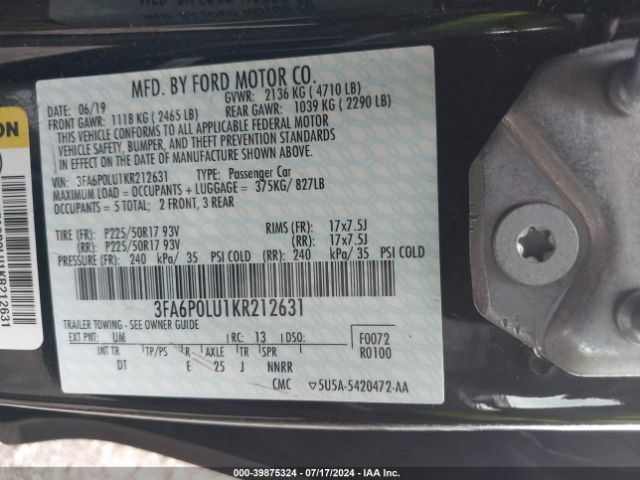 3FA6P0LU1KR212631 Ford Fusion Hybrid Se