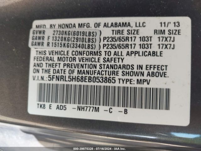 5FNRL5H68EB053865 Honda Odyssey Ex-l