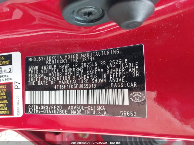 Toyota CAMRY SE 2014 4T1BF1FK5EU859019 Image 9