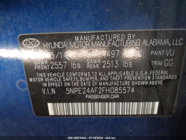 5NPE24AF2FH085574 Hyundai SONATA SE