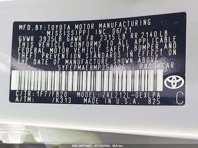 Toyota COROLLA LE 2021 5YFEPMAE8MP258006 Image 9
