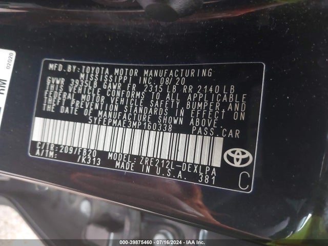 Toyota COROLLA LE 2021 5YFEPMAE3MP160338 Image 9