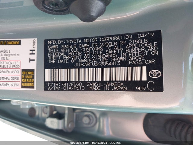 Toyota Prius Le 2019 JTDKARFU6K3084413 Image 9