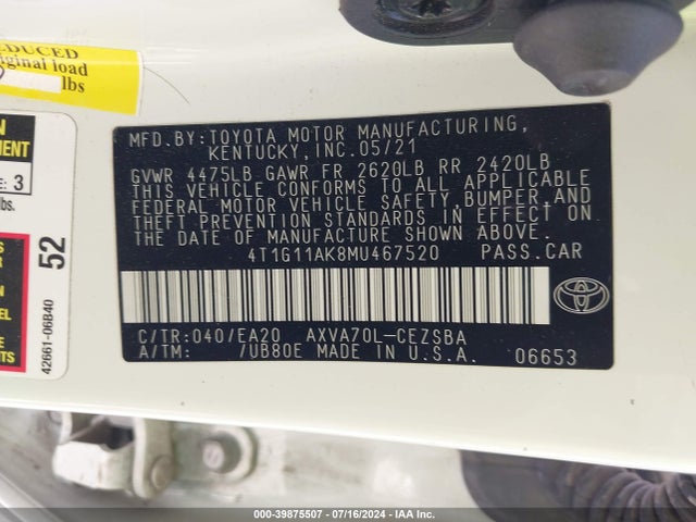 Toyota CAMRY SE 2021 4T1G11AK8MU467520 Image 9