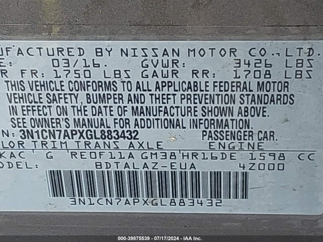 Nissan Versa 1.6 S+ 2016 3N1CN7APXGL883432 Image 9
