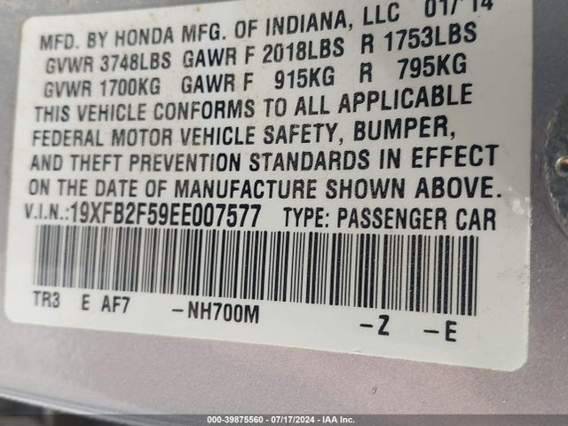 Honda Civic Lx 2014 19XFB2F59EE007577 Image 9