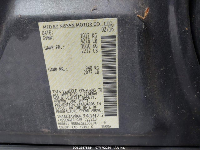 Nissan Altima 2.5 S 2016 1N4AL3AP0GN341975 Image 9