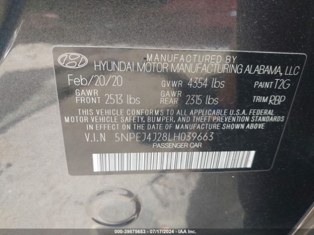 5NPEJ4J28LH039663 Hyundai Sonata Sel Plus