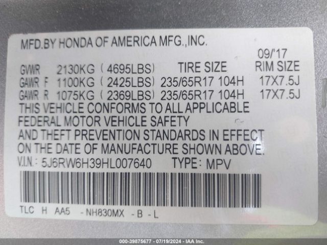 5J6RW6H39HL007640 Honda CR-V LX