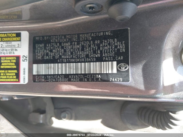 Toyota CAMRY SE 2019 4T1B11HK0KU839459 Image 9