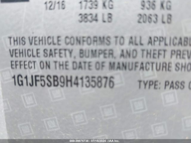 1G1JF5SB9H4135876 Chevrolet Sonic Premier Auto
