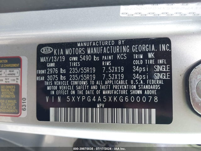 KIA Sorento 3.3l S 2019 5XYPG4A5XKG600078 Image 9
