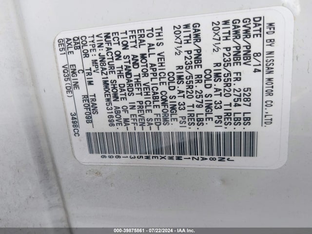 Nissan Murano Le 2014 JN8AZ1MWXEW531696 Image 9