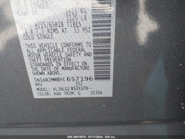 Nissan Pathfinder Sl 2015 5N1AR2MM8FC657196 Image 9
