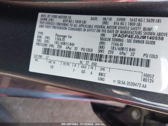 Ford FIESTA SE 2018 3FADP4EJ0JM140558 Image 9