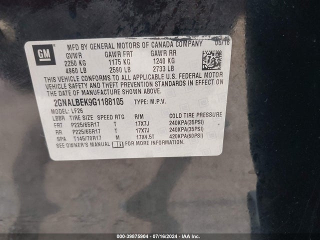 Chevrolet EQUINOX LS 2016 2GNALBEK9G1188105 Image 9