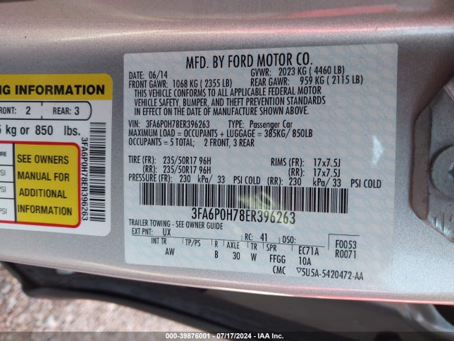 Ford FUSION SE 2014 3FA6P0H78ER396263 Image 9