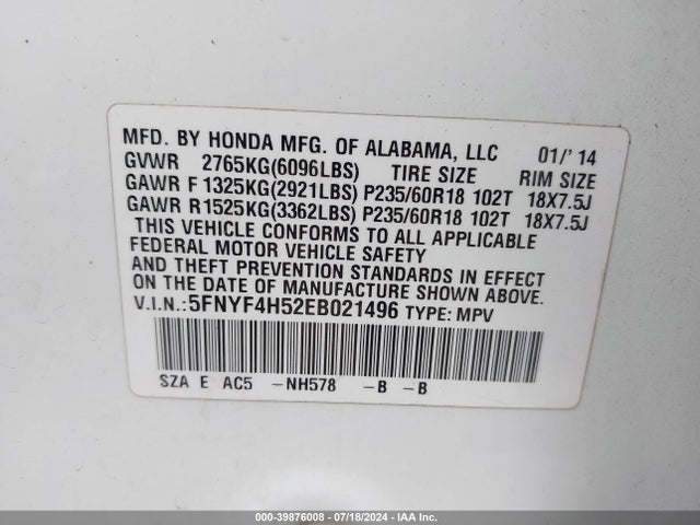 Honda Pilot Ex-l 2014 5FNYF4H52EB021496 Image 9